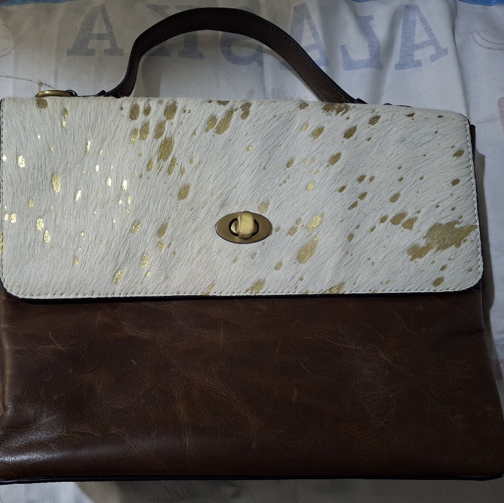 Myra Bag. Brown and White Leather Women's Bag With Gold Print.